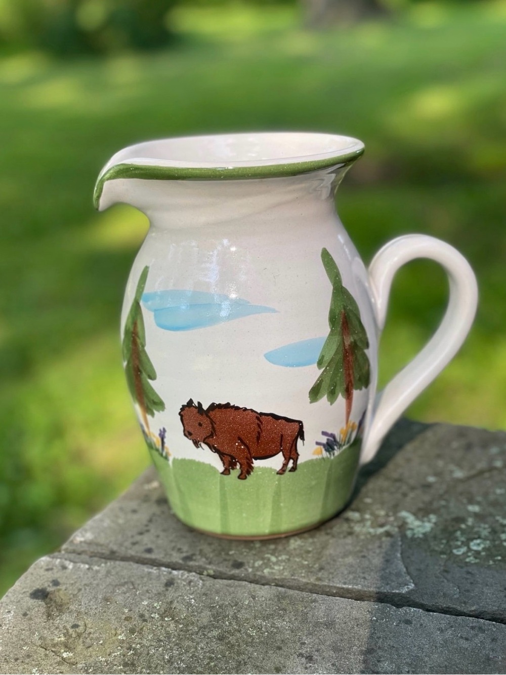 Stoneware Specialties Bison Buffalo Pitcher Pottery Vase 7.5" Tall X 7" Wide Vtg